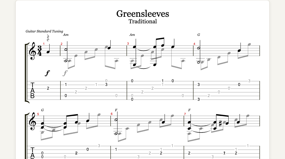 The first lines of Greensleeves as guitar tab in TabCraft